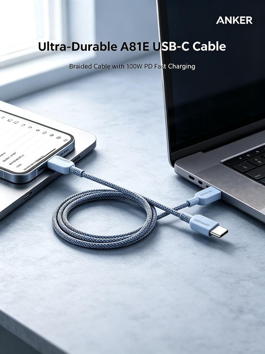 anker Kabel data USB-C A81E yang sangat tahan lama dengan kabel kepang multi-tekuk dan pengisian cepat PD 100W untuk MacBook, Samsung Galaxy, iPad Pro, Nintendo Switch, dan banyak lagi - Putih - View 1