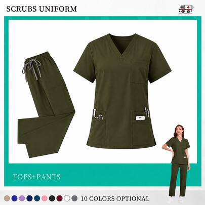 Women's Scrubs Set V-Neck Top And Cargo Pants 2 Piece Set Multi-Pocket Nursing Uniform For Dentist Vet Doctor ,Women's Work Uniform Set