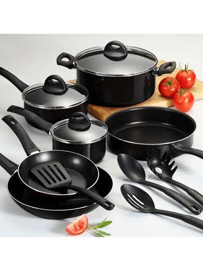 Essential Cookware Set Equip Your Kitchen 13 Pieces, Aluminum With Thermocell Nonstick, Tempered Glass Lids, Utensils, Black (13 Pieces)