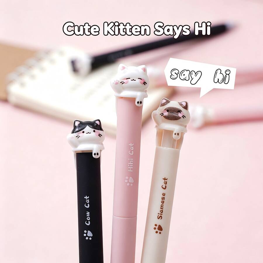 2/4pcs Cute Cat Pop-Up Head Retractable Neutral Ink Pens, 0.5mm Black Smooth Water-Based Ink Pens For Students - Cat - View 1