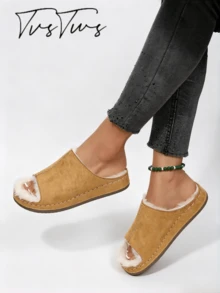 Women's New Winter Boken Ultra-Light Fleece Lined Half-Slip Thick Sole Loafers, Casual Retro Forest Punk Style, Essential For Dating And Vacation - Yellow - View 3