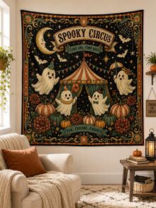 1pc-Halloween Vintage Gothic Polyester Tapestry, Pumpkin Ghost Moon Floral Wall Hanging Backdrop For Bedroom Home Party Decor - A - View 11