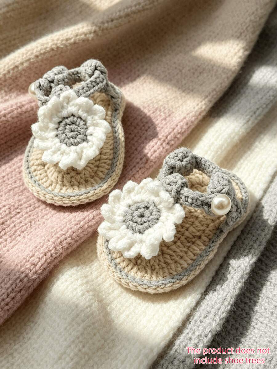 1 Pair Handmade Infant Sandals, Crochet Daisy Flower Design, Yellow And White, Pearl Button Detail - Light Grey - View 1