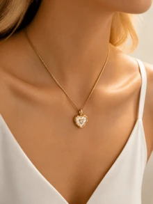 1pc Fashionable Cute Zirconia Shell Heart Pendant Necklace Women's Gift Necklace - Yellow Gold - View 6