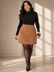 Plus Size Women Solid Color Casual Versatile Daily Wear Skirt - Dark Khaki - View 6