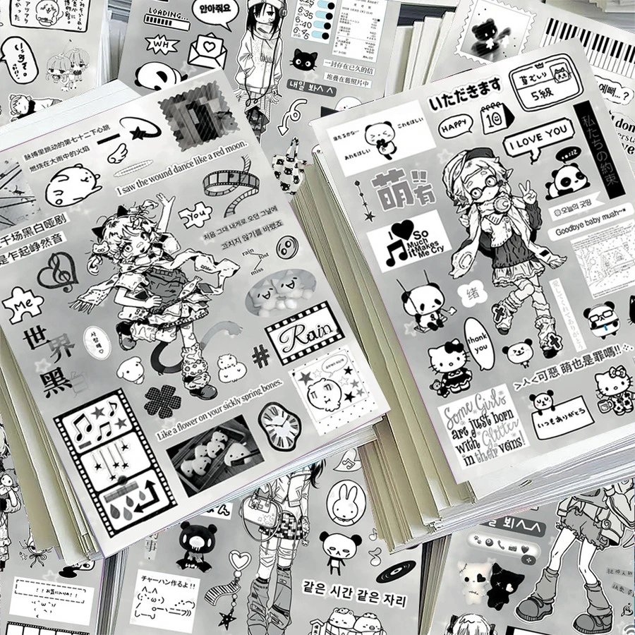 8pcs Black & White Sweet Heart Diary Cutout Stickers, Popular Retro Cute INS Style Scrapbook Material, Waterproof Stickers - Multicolor - View 1