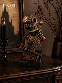 1pc Halloween Skeleton Musician Figurine, 2‑Style Skull Statue Playing French Horn & Cello, Retro Gothic Tabletop Ornament, Spooky Home Decor For Halloween Party Shelf Decoration - Halloween Skull Decor - View 7