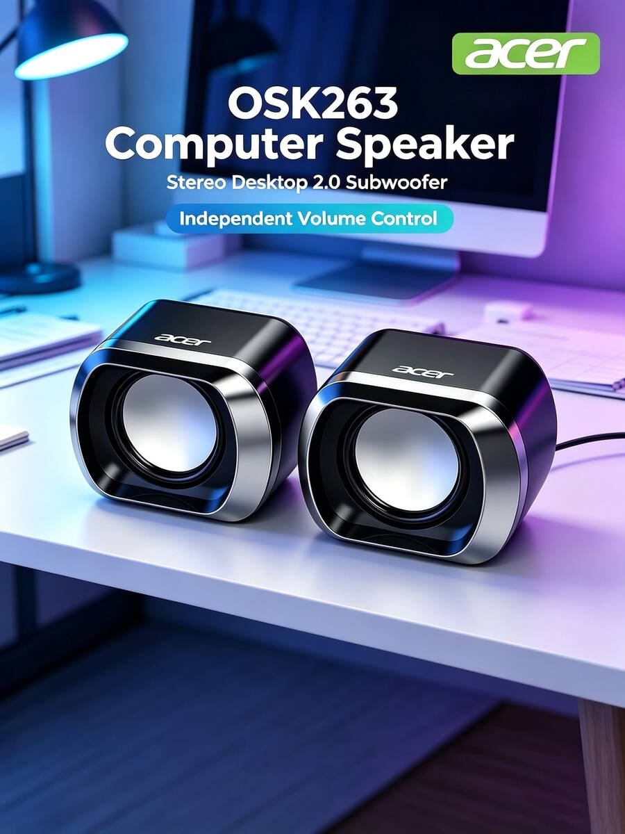Acer Speaker Komputer Mini OSK263, Subwoofer Stereo Desktop 2.0, Kontrol Kabel Individual, Kompatibel dengan Desktop/Laptop/Tablet, Speaker Rumah, Kantor, Gaming, dan Musik yang Sederhana dan Bergaya - View 1