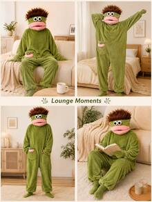 Cartoon Green Monster Adult Bathrobe, Fun 3D Plush Hooded, Soft Coral Fleece Warm Long Sleeve With Pockets, Loose Fit, Halloween Cosplay Party Costume, Multiple Sizes Available - Multicolor - View 4