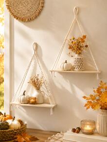1pc/2pcs Handmade Woven Wall Hanging Shelf, Triangle Wooden Floating Storage Rack, Bohemian Style Wall-Mounted Organizer, Handmade Rope Tassel Shelf, Minimalist Home Decor, Natural Beige, Suitable For Living Room, Bedroom, Office And Entryway Decoration, Autumn Thanksgiving Halloween Christmas Party Decor - Beige - View 3