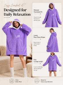 Large Hooded Blanket Bathrobe, Soft Fluffy Coral Fleece Long Robe, White Lambswool Lining, Hooded, Leaf Embroidery Detail, Large Front Pocket, Loose Warm, Suitable For Sofa Leisure - Multicolor - View 4