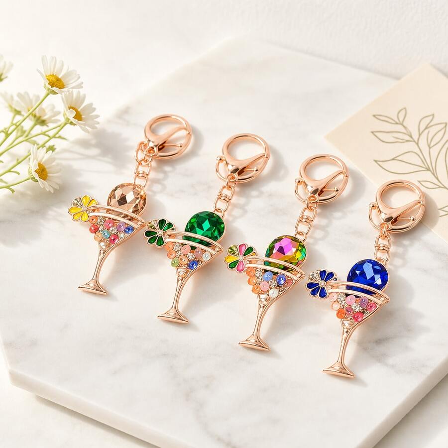 1pc Rhinestone Cocktail Glass Keychain, Rose Gold Zinc Alloy, Colorful Crystal Cup Pendant, Cute Bag Charm, Back To School Gift - Multicolor - View 1