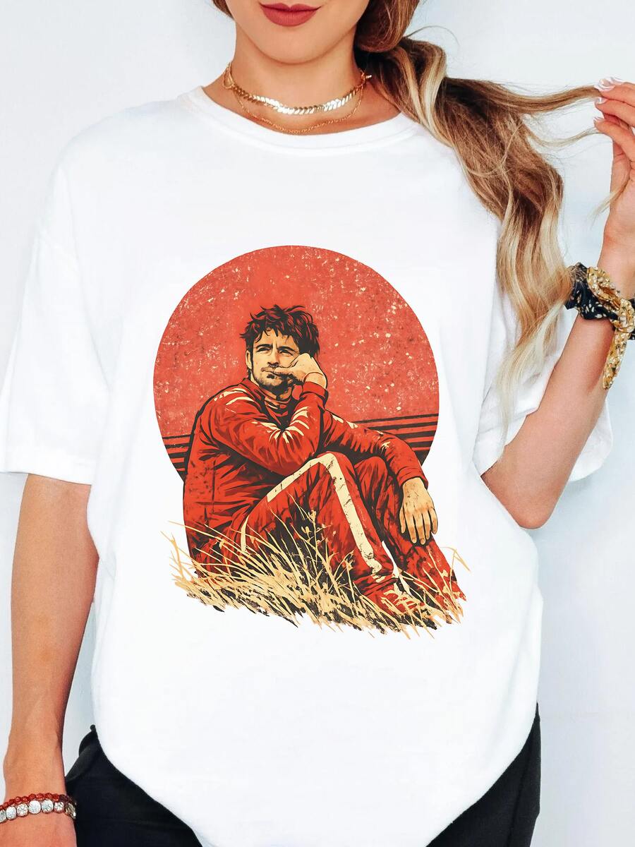 Charles Leclercs Ferraris F1 Retro Art Portrait Graphic T Shirt,Motor Racing Fan Short Sleeve Top. - White - View 1