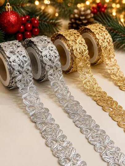 2 Yards Gold/Silver Lace Ribbon Roll - Baroque Floral Embroidered Ribbon, Shiny Christmas Tree Theme Ribbon For Making Bows, Suitable For DIY Holiday Hair Accessories, Ribbon Bows, Holiday Birthday Gift Wrapping, Wedding Decor And Wreath Decoration