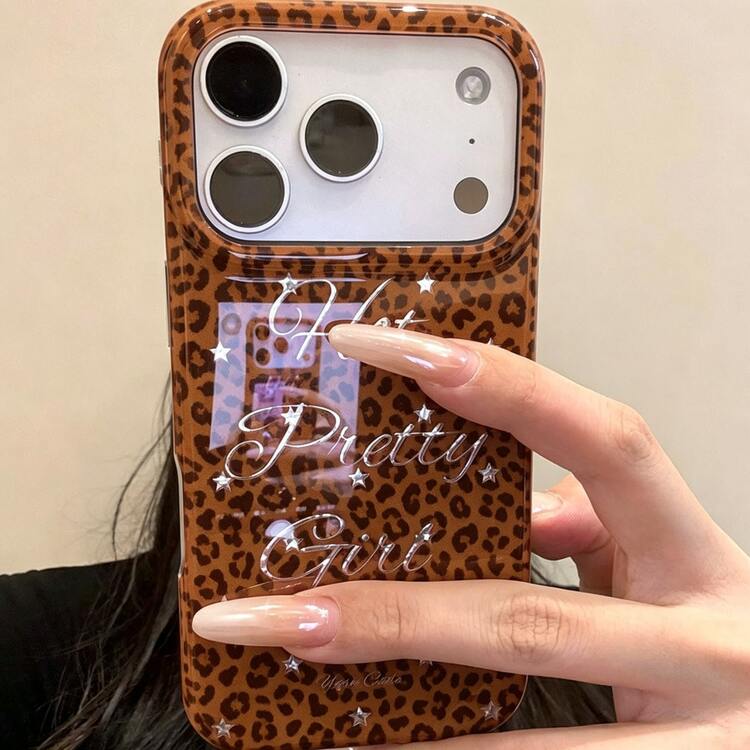 1pc Vintage Leopard Print Silver Foil Star & Letter Phone Case, Y2K Millennium Style 2D Printed Full Coverage Anti-Drop TPU Protective Shell, Compatible With IPhone Duo, 18 Pro, 18 Pro Max, 17 Pro Max, 17 Air, 15 Pro Max, 16 Pro Max, Galaxy S22, S23, S24, S23 Plus, S24 Ultra, S25, A15, A33, A23, Personalized Cool Phone Case - Multicolor - View 2