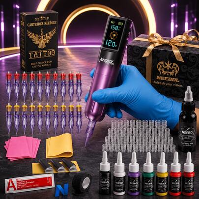Neebol Komplettes Tattoo-Set: Kabelloses Tattoo-Maschinen-Set mit integriertem Akku (1300 mAh) – inklusive 20 verschiedenen Tattoo-Nadeln und 8 Farben Tattoo-Farbe. Ein professionelles Tattoo-Set, ideal für Anfänger.