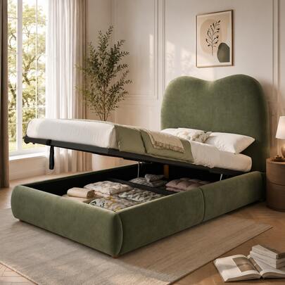 Upholstered Bed, Single Bed, Children's Bed, 3ft-90 X 190cm, Hydraulic Bed, Bed With Headboard And Large Storage Space, Upholstered Headboard, Beige Bouclé