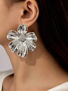 2/12PCS Vintage Fashion Elegant Silver Flower Hollow Floral Leaf Circle Spiral Stud Earrings Set, Daily Versatile Commute Accessory - Silver - View 8