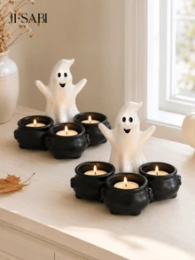 1pc Halloween Ghost Cauldron Tea Light Candle Holder, Ghost Shaped With 3 Cauldron Candle Holders, Spooky Cute Tabletop Decor, Suitable For Halloween Party Home Bookshelf Decoration, Candles Not Included - Ghost Candlestick - View 2