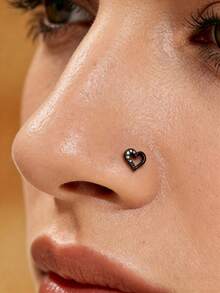 1pc Gold Tone Cubic Zirconia Open Heart L-Shaped Nose Stud, Y2K Style L-Shaped Bent Nose Ring Jewelry For Women - Gold - View 10