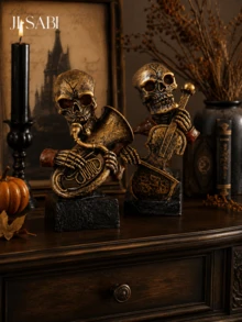1pc Halloween Skeleton Musician Figurine, 2‑Style Skull Statue Playing French Horn & Cello, Retro Gothic Tabletop Ornament, Spooky Home Decor For Halloween Party Shelf Decoration - Halloween Skull Decor - View 6