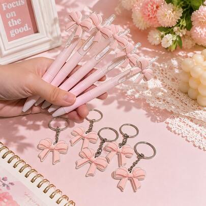10pcs Pink Bow Party Supplies Set - Bow Themed Ballpoint Pens, Keychains - Suitable For Birthday Parties, Gift Bags, Party Supplies And Gifts