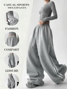 Women's New Spring Autumn Winter Fashion Colorblock Side Stripe Loose Drawstring Straight Leg Wide Leg Casual Jogging Pants For Daily Wear, Dancing, Running - Light Grey - View 4