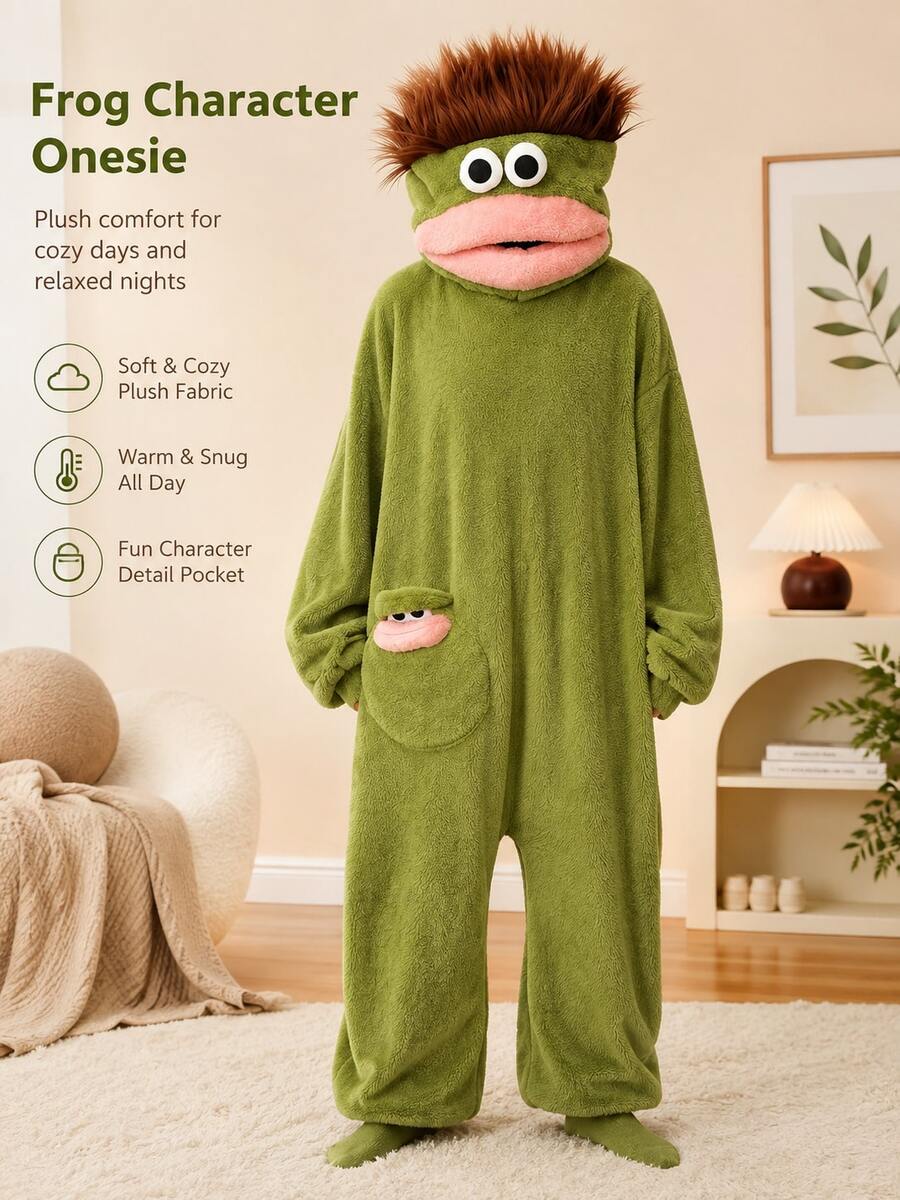 Cartoon Green Monster Adult Bathrobe, Fun 3D Plush Hooded, Soft Coral Fleece Warm Long Sleeve With Pockets, Loose Fit, Halloween Cosplay Party Costume, Multiple Sizes Available - Multicolor - View 1