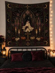 1pc-Halloween Vintage Gothic Polyester Tapestry, Pumpkin Ghost Moon Floral Wall Hanging Backdrop For Bedroom Home Party Decor - A - View 47