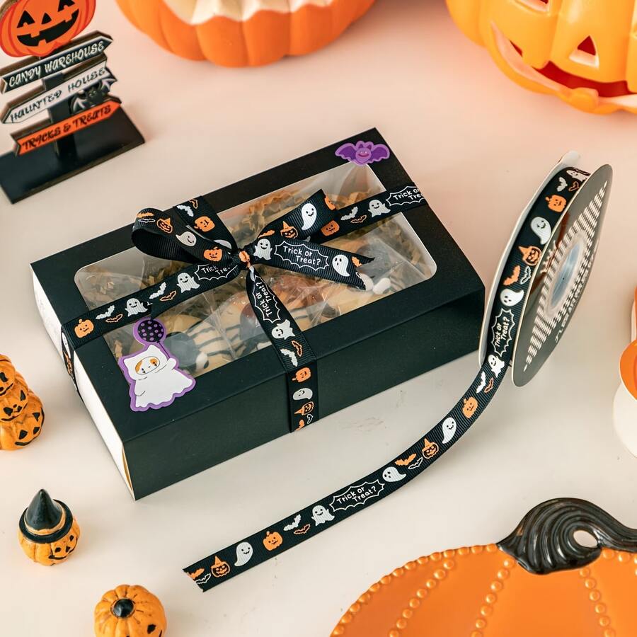 1pc 886in Long 1.5cm Wide Halloween Ghost Pumpkin Ribbed Ribbon, Perfect For DIY Bows, Headbands, Gifts, Flower Bouquets, Baking Packaging, Decoration Webbing - Multicolor - View 1