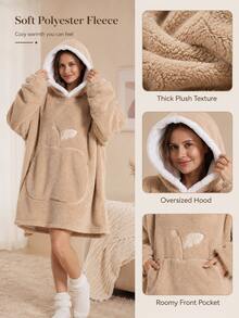 Large Hooded Blanket Bathrobe, Soft Fluffy Coral Fleece Long Robe, White Lambswool Lining, Hooded, Leaf Embroidery Detail, Large Front Pocket, Loose Warm, Suitable For Sofa Leisure - Multicolor - View 5