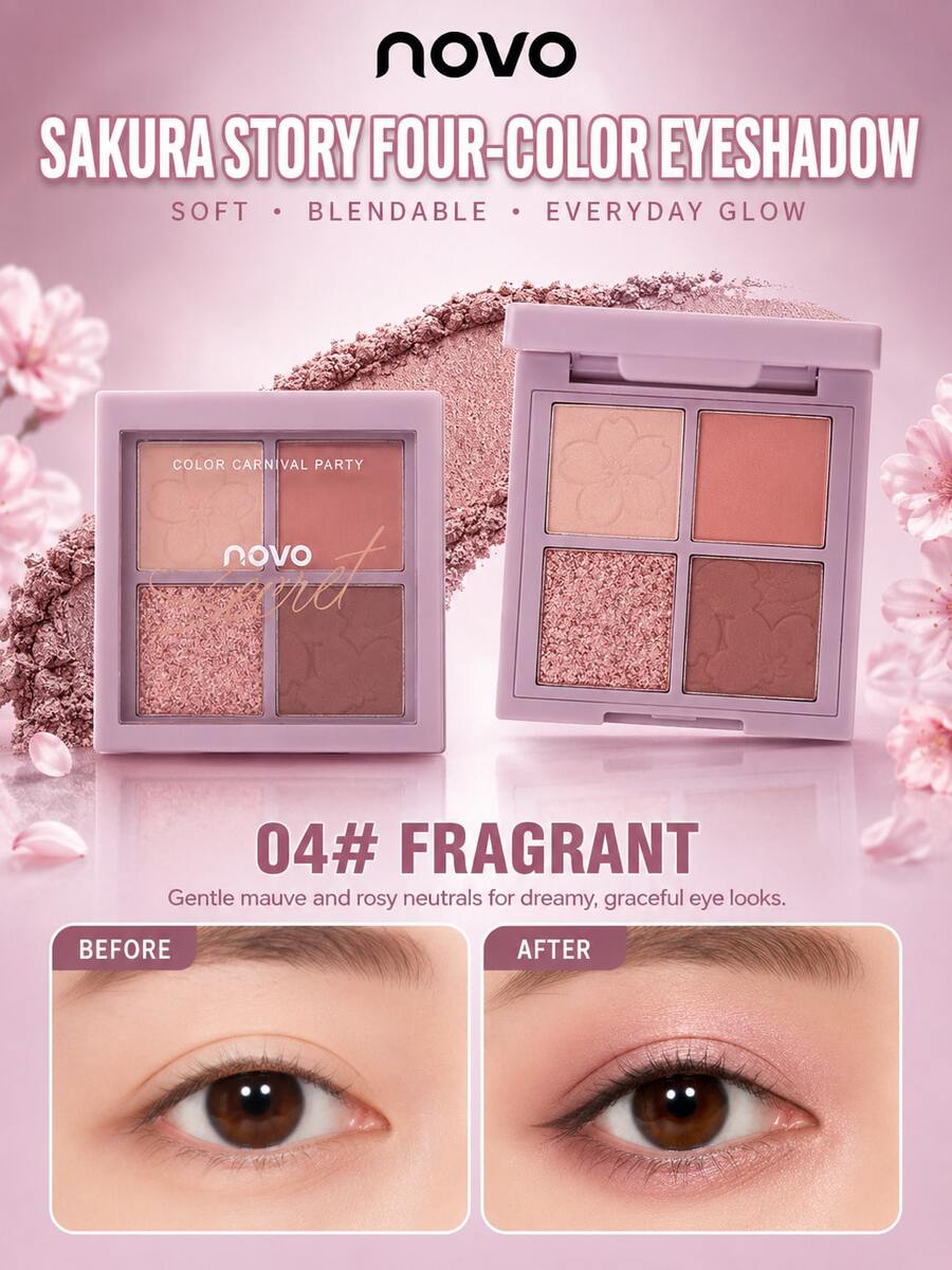NOVO Palet Eyeshadow 4 Warna, Tekstur Campuran Matte dan Shimmer, Bedak Berpigmen Tinggi yang Mudah Dibaurkan, Tekstur Halus, Minim Serpihan, Ringkas dan Portabel, Untuk Riasan Sehari-hari, Kantor, Perjalanan & Tampilan Mata Kasual