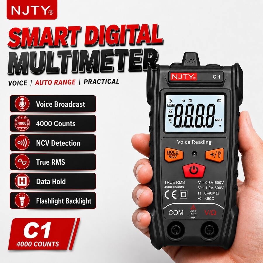 4000 Counts Digital Multimeter Smart Tester With Voice Broadcast, Auto-Ranging, NCV, Voltage Measurement, Resistance, Continuity Test, Data Hold, Backlight LCD And Flashlight, Suitable For Automotive, Electrical, HVAC, DIY And Home Renovation
