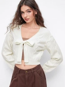 Women's Solid Color Knit Cardigan With Bow Design, Suitable For Wedding, College, Office, Autumn - Off-white - View 5