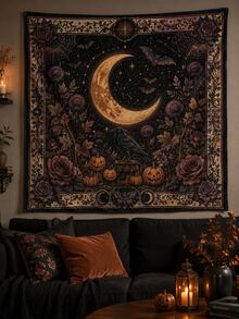 1pc-Halloween Vintage Gothic Polyester Tapestry, Pumpkin Ghost Moon Floral Wall Hanging Backdrop For Bedroom Home Party Decor - A - View 8