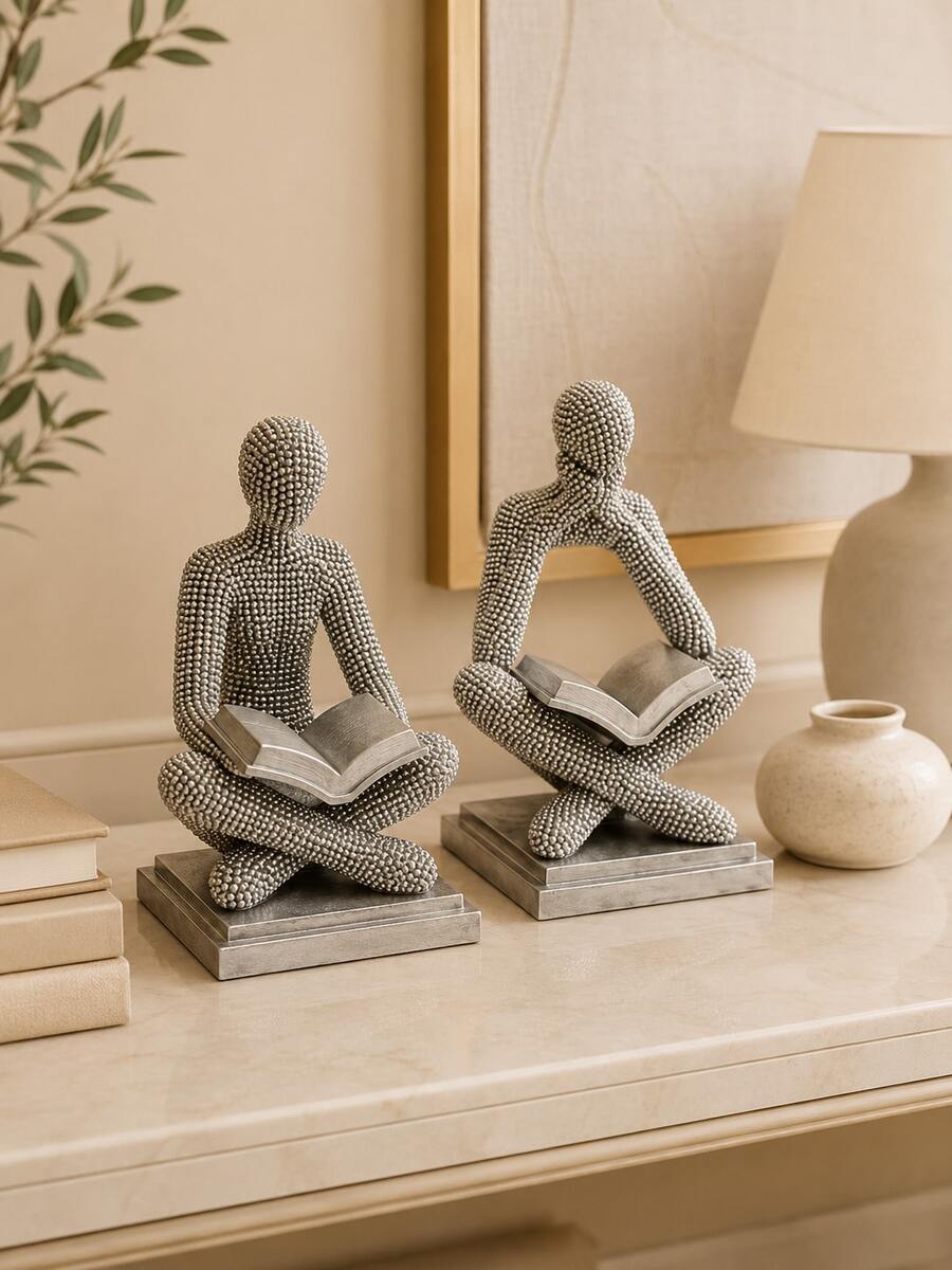 1pc Silver Reading Thinker Statues Set, Abstract Art Figurines Modern Sculptures, Bookshelf Decor For Living Room Office Desk Shelf - Thinker Reading Figurine - View 1
