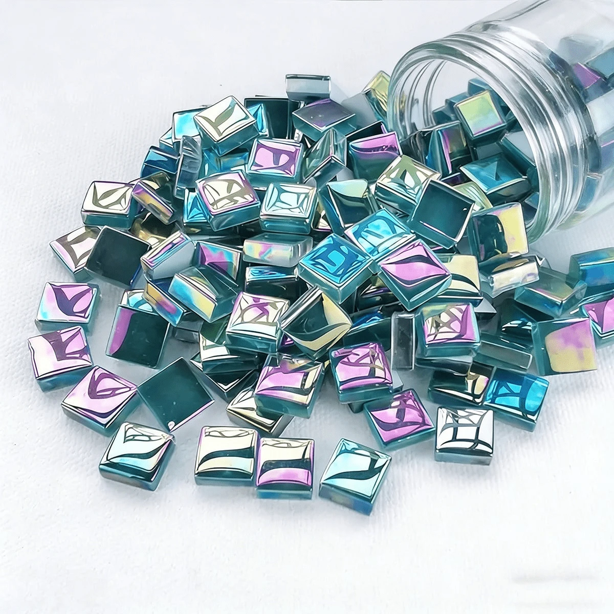 100/200G Iridescent Peacock Blue Glass Mosaic Tiles, Metallic Aurora Square Mosaic Pieces For DIY Arts Crafts, Coaster Decor, Photo Frame & Home Craft Projects - A - View 1