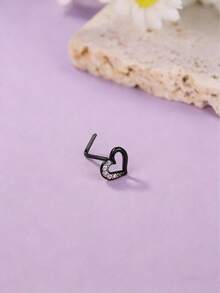 1pc Gold Tone Cubic Zirconia Open Heart L-Shaped Nose Stud, Y2K Style L-Shaped Bent Nose Ring Jewelry For Women - Gold - View 8
