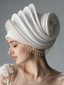 1pc Luxury Shiny Pleated Turban With Bead Fringe, Elegant Wedding Party Head Wrap Hat For Women - Multicolor - View 2