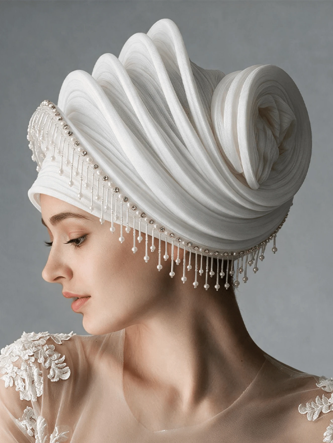 1pc Luxury Shiny Pleated Turban With Bead Fringe, Elegant Wedding Party Head Wrap Hat For Women