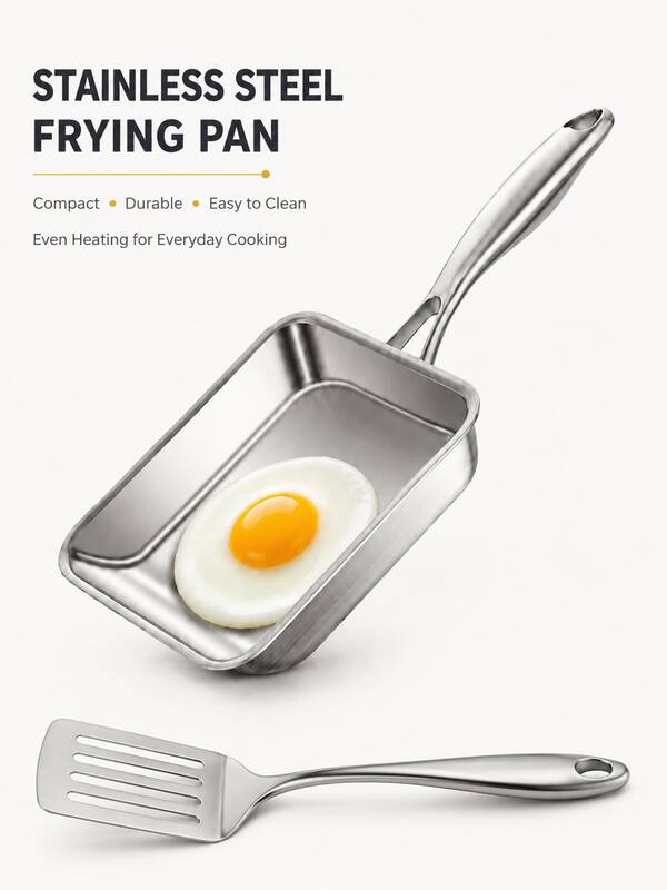 1pc Stainless Steel Mini Frying Pan, Suitable For Grilling And Breakfast, Long Handle Rectangular Baking Tray, Suitable For Frying Steak, Eggs, Bacon, Sausage, Vegetables And Small Portions Of Food, Suitable For Home Kitchen, Camping, Picnic, Outdoor Cooking And Grilling