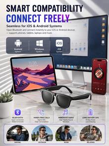YAIUZGOO Smart Audio Fashion Glasses, Open-Ear Bluetooth 5.3 Fashion Glasses, Supports HD Calls, Lightweight Wireless Music Glasses, 5-7 Hours Playback Time, Fashion Neutral Design, Suitable For Driving, Outdoor, Sports And Daily Use, Compatible With IOS And Android - View 7