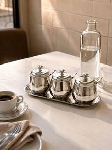 1pc Stainless Steel Seasoning Jar With Spoon And Lid, Stainless Steel Sugar Canister With Spoon, Seasoning Bowl With Spoon And Tray, Elegant Tabletop Storage Container, Suitable For Kitchen And Dining Room Seasoning Storage, Gift, Halloween Party, Christmas Gathering - Silver - View 6