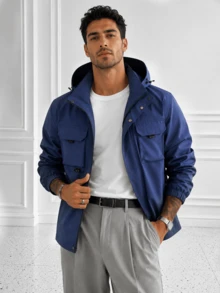 1 buah Jaket Pria, Biru Tua, Banyak Saku, Berkerudung, Tahan Angin, Desain Tali Serut yang Dapat Diatur, Kain Tenun Tahan Lama, Tahan Kerut, Gaya Kasual Bisnis, Cocok untuk Perjalanan, Aktivitas Luar Ruangan, dan Pakaian Santai - Navy Blue - View 3