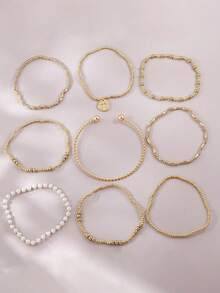 9pcs CCB Faux Pearl Bracelet Set, Cross Layered Stackable Bracelets, Women's Daily Wear, Vacation, Party Accessories - Multicolor - View 3