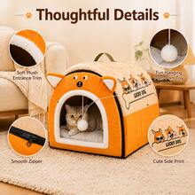 2-In-1 Foldable Pet House & Pet Bed With Removable Cushion, Comfortable Indoor Cat Bed Dog Bed With Handle And Hanging Plush Ball Toy, Suitable For Cats And Small To Medium Dogs - Multicolor - View 8