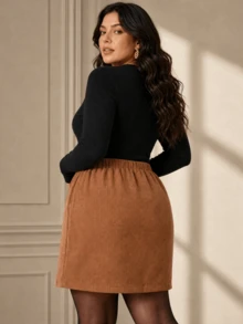 Plus Size Women Solid Color Casual Versatile Daily Wear Skirt - Dark Khaki - View 2