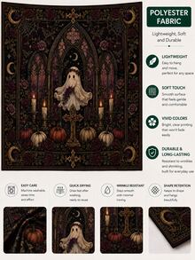 1pc-Halloween Vintage Gothic Polyester Tapestry, Pumpkin Ghost Moon Floral Wall Hanging Backdrop For Bedroom Home Party Decor - A - View 2