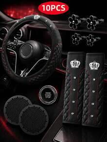 10Pcs Car Interior Accessories Set, Sport Quilted Steering Wheel Cover, Seat Belt Pads, Daisy Air Vent Clips, Cup Coasters, Bling Start Stop Button Cover, Universal Auto Interior Decor Kit For Most Cars - Multicolor - View 6