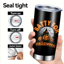 1/5pcs 20oz Stainless Steel Insulated Tumbler, Black Background Haunted House Pumpkin Batty For Halloween Moon Print, Leak‑Proof Sealed Lid, Reusable Insulated Tumbler For Spooky Theme Gathering, Camping, Commute And Daily Coffee Use - Halloween Pumpkin - View 3